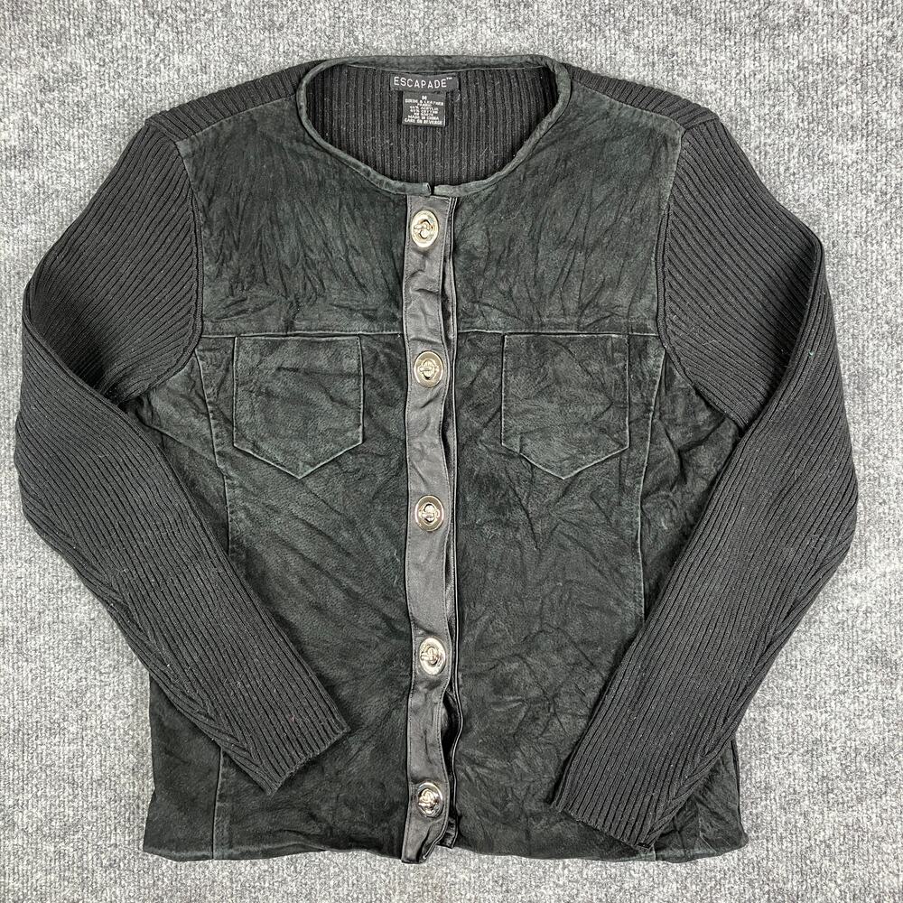 Escapade Cardigan Womens Size M Black Suede Leather‎ Button Front Ribbed Knit